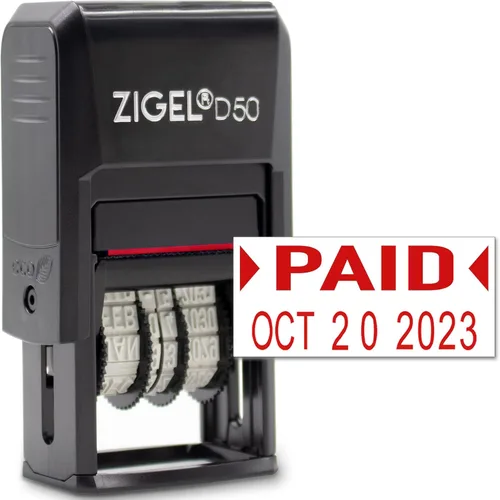 ZIGEL D50 Sello de Fecha con Pagado - Sello de Fecha Autoentintado - Rojo