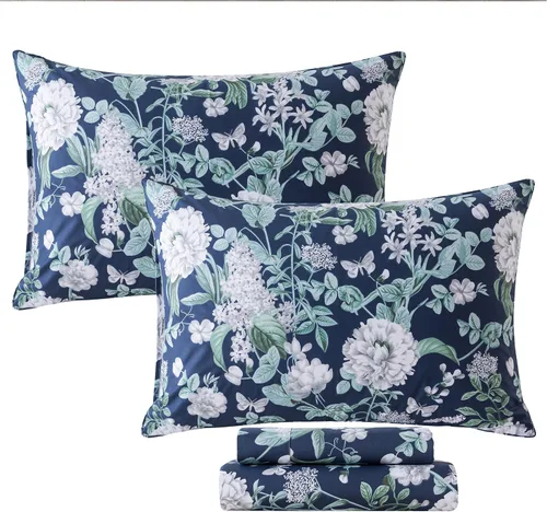 Miniatura 22 de FADFAY Juego de sábanas de cama con estampado floral amarillo, de algodón, tamaño King, suaves, transpirables, estilo Shabby Coquette, con bolsillo