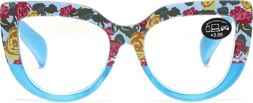 Miniatura 3 de Paquete de 3 lentes de lectura de gran tamaño con diseño de ojo de gato azul y antirreflejos para mujer, bisagras de resorte, lectores florales