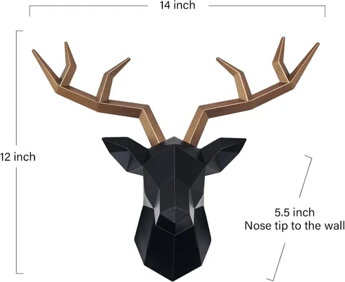 Miniatura 4 de Keygift Decoración de pared geométrica de cabeza de ciervo negro y cobre, resina de taxidermia sintética, cabeza de animal, montaje en pared