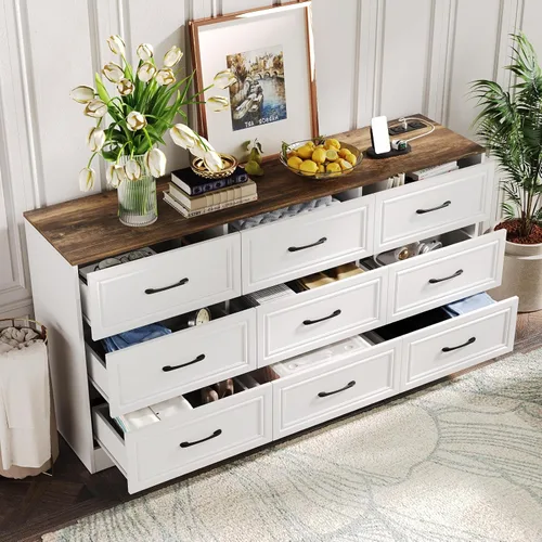 Miniatura 11 de Fameill - Cómoda para dormitorio, organizador de 9 cajones con estación de carga, cómoda alta para pasillo, cómoda de madera con tiradores de metal
