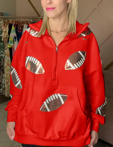 Miniatura 19 de SeekMe Sudaderas con capucha de lentejuelas para mujer, para el día del partido, suéteres de manga larga con cremallera y bolsillo