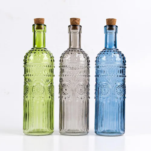 Jarrones de vidrio decorativos vintage, botellas de vidrio de colores en relieve de 9.6 pulgadas, tamaño de botella de vino grande, juego de 3 con