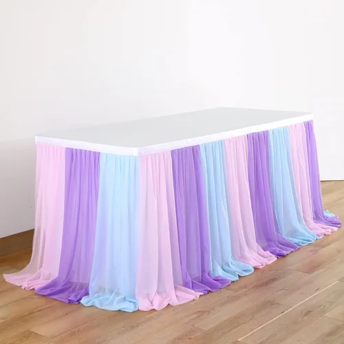 Miniatura 8 de Falda de mesa de tul de sirena azul rosa púrpura con rayas para mesas rectangulares Frozen Baby Shower Fiestas de cumpleaños de sirena Decoración 6