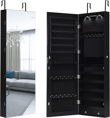 Miniatura 9 de Giantex Armario de joyería para puerta de pared con espejo de longitud completa 2 LED con cerradura grande organizador de joyas con espejo ancho