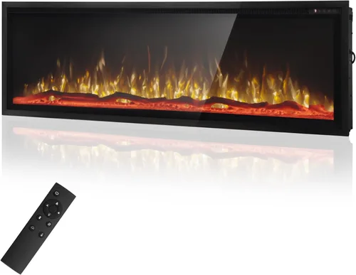 Miniatura 10 de GREEN PARTY Chimenea eléctrica empotrada/montada en la pared de 42 pulgadas con bisel ultra estrecho, calentador de chimenea con opciones de troncos