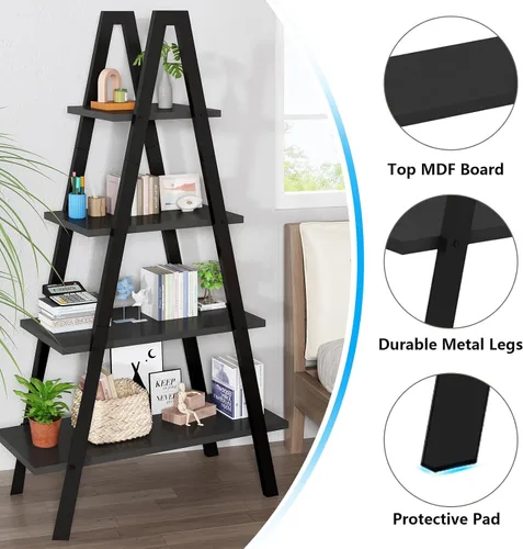 Miniatura 4 de DKLGG Estantería en forma de A de 4 niveles, estantería de metal industrial, estante de escalera de dormitorio de pie, estantes de exhibición Negro