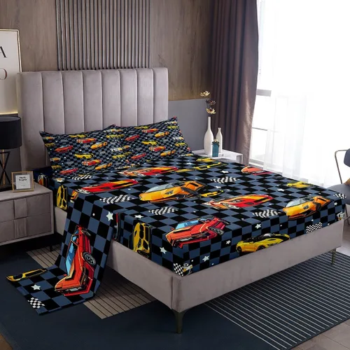 Miniatura 31 de Juego de sábanas para cama de coche de bomberos, juego de sábanas de coche de policía con bolsillo profundo, sábana bajera ajustable para decoración