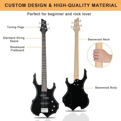 Miniatura 2 de GLARRY Guitarra eléctrica de bajo de tamaño completo 4 cuerdas estilo Burning Fire para principiantes diestros con bolsa, correa y accesorios (negro)