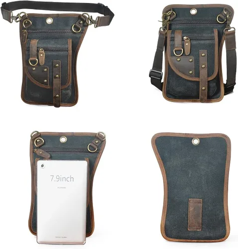 Miniatura 3 de Handadsume Lona resistente al agua + cuero para motocicleta, viajes, riñonera de viaje, bolsa de pierna para hombres y mujeres FB2141, 2141-negro