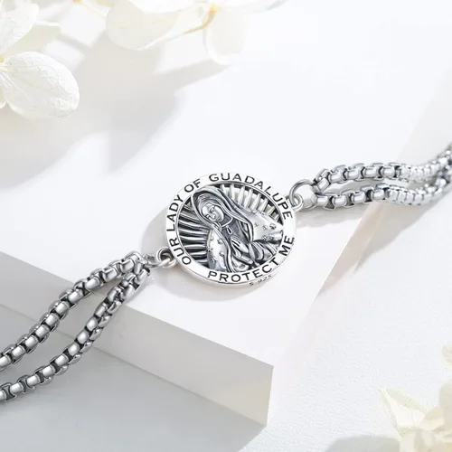 Miniatura 104 de Pulsera unisex de San Miguel/Cristóbal/Benedicto/Jude/José/Guadalupe/Ángel de la Guarda/Santa Muerte Pulsera de plata de ley 925 con cadena de doble