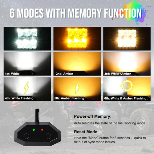 Miniatura 5 de ASLONG 4 Piezas Cubos LED 3X3 Blanco/Ámbar Pods Estroboscópicos de Inundación Trabajo con Halo RGB Chaser 16 Colores Sólidos Más de 92 Modos