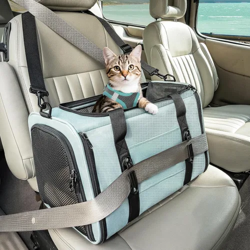 Miniatura 16 de PETSFIT Transportador de gatos de lados suaves con hebillas de seguridad patentadas, cremalleras bloqueables y correa de seguridad, transportador
