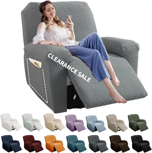 Miniatura 24 de YEMYHOM Funda elástica de 4 piezas para silla reclinable de jacquard con bolsillo lateral, antideslizante, ajustable, protector de muebles con parte