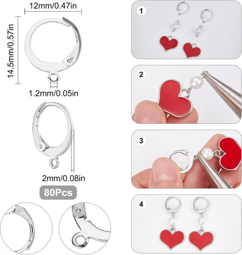 Miniatura 2 de SUNNYCLUE 1 caja de 80 piezas Huggie Hoop 0.591 in ganchos redondos para aretes de palanca de acero inoxidable con bisagras con bucles, alambres 80