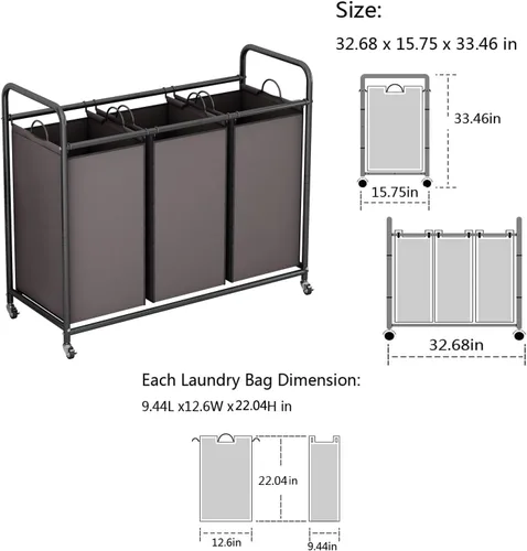 Miniatura 5 de LINZINAR Clasificador de ropa sucia de 3 bolsas, carrito cesto de ropa sucia con ruedas rodantes resistentes y con bloqueo y bolsas removibles