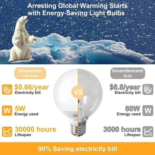 Miniatura 7 de Honesorn Bombilla de tocador equivalente a 60 W, base E26 blanca cálida de 2700 K, luz redonda para baño, bombillas LED G25 para espejo de tocador