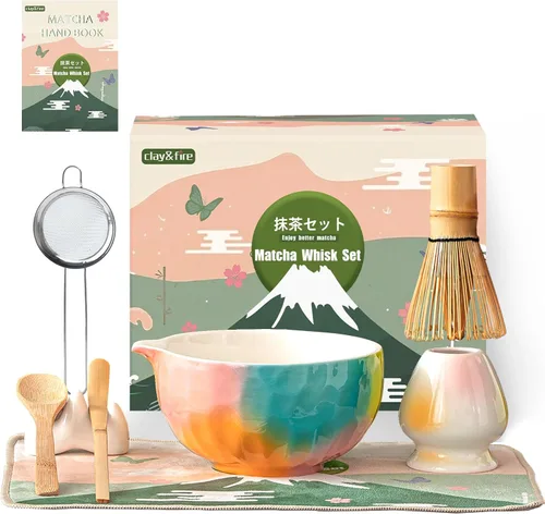 Miniatura 25 de Clay&Fire Juego de batidor de matcha, juego de matcha de cerámica, cuenco de matcha con asa y batidor, juego de té matcha de 9 piezas para amantes