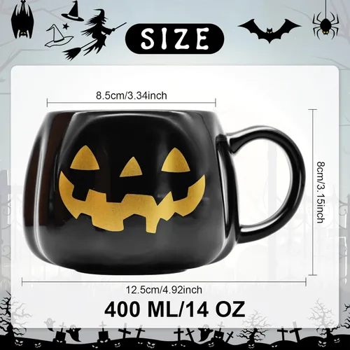 Miniatura 3 de Taza de calabaza negra de Halloween de 12 onzas, taza de café de cerámica Jack O'Lantern con cara dorada, regalos espeluznantes y lindos