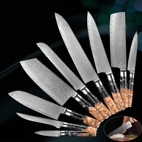 Miniatura 3 de ZZYY - Juego de cuchillos de cocina de acero de damasco, 9 piezas, cuchillo de chef japonés, cuchillo de cocina para pelar, mango de madera