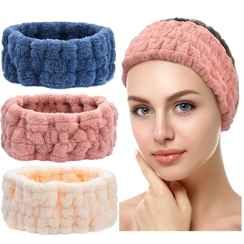 Miniatura 16 de Chuangdi 3 Piezas Diadema Elástica para Maquillaje, Yoga, Deportes, Ducha - Envoltura para la Cabeza para Mujeres y Niñas (Rojo, Azul, Morado)