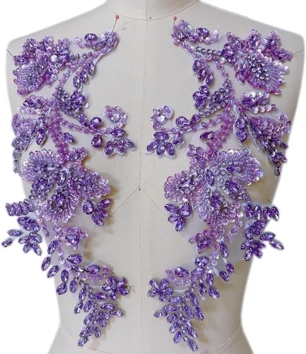 Miniatura 12 de Apliques de cuentas y diamantes de imitación hechos a mano para coser en parche de encaje de cristal, 1 par para ropa de bricolaje, vestido de Plata