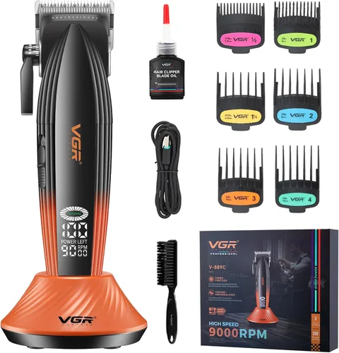 VGR 889C - Cortadora de pelo profesional para hombres, 9000 rpm, inalámbrica, con cuchillas de cerámica y MIM, 6 peines guía magnéticos, pantalla