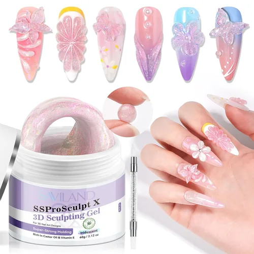 Miniatura 13 de SAVILAND 60 g Gel de uñas 3D: Escultura de arte de uñas en gel 3D moldeado fuerte Blanco Gel de escultura sin necesidad de limpieza para extensión