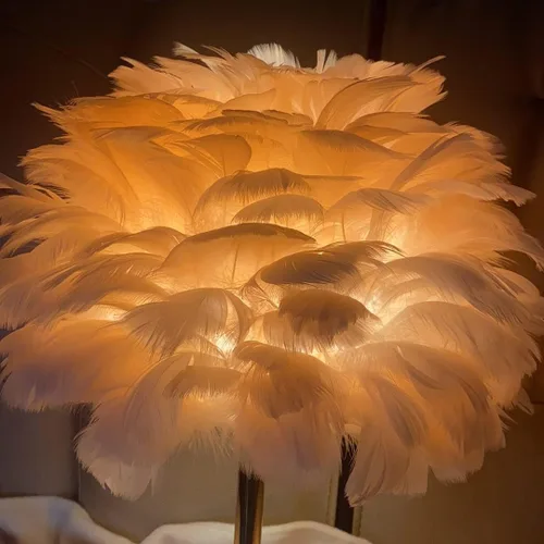 Miniatura 3 de Meefad Lámpara de noche de plumas, luz nocturna LED moderna con base de cerámica, lámpara de mesa rosa para dormitorio Rosado