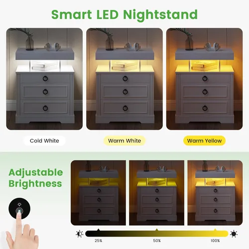 Miniatura 3 de HNEBC Mesita de noche con cajones para armas, mesita de noche de granja con estación de carga, mesita de noche secreta con luz automática de 3