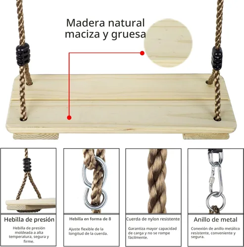 Miniatura 3 de Asiento de columpio de madera, nostálgico columpio de madera para exteriores para niños y adultos, juego de correas de árbol, accesorios para patio