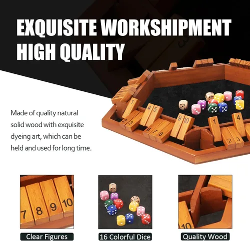 Miniatura 3 de TooyBing - Juego mejorado de dados Shut The Box, juego de mesa de madera para la familia de 1 a 6 jugadores para niños y adultos con 16 dados, juego