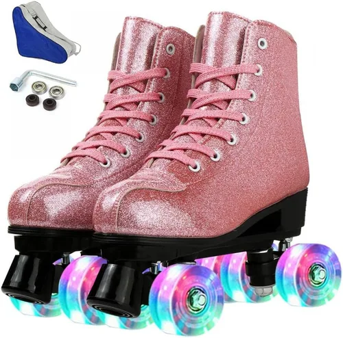 Miniatura 9 de XUDREZ Patines de ruedas para mujeres, patines de alta calidad holográficos de cuero de poliuretano, patines brillantes de doble fila de cuatro