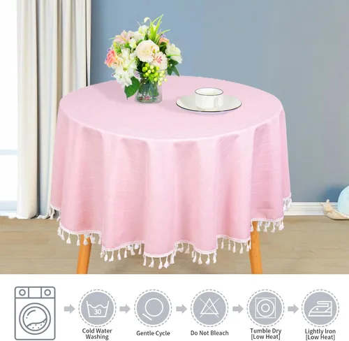 Miniatura 6 de ShinyBeauty Mantel Redondo Rosa Bebé de 55 Pulgadas Mantel Gingham Rosa a Cuadros Mantel de Mesa de Algodón para Mesa Redonda Mantel a Cuadros Rosa