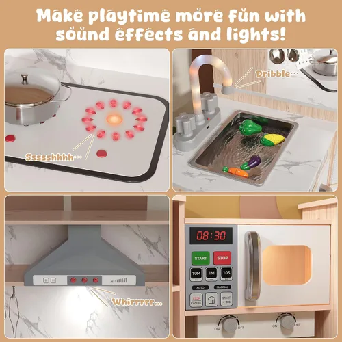 Miniatura 3 de BVIUNTWO Juego de juguetes de cocina, juego de cocina de madera para niños con luces y sonidos reales, fregadero, estufa, horno, máquina de hielo