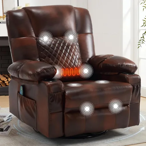 Miniatura 10 de Mecedora reclinable giratoria de piel sintética con portavasos para calor y masaje, silla mecedora con relleno, silla reclinable con calefacción