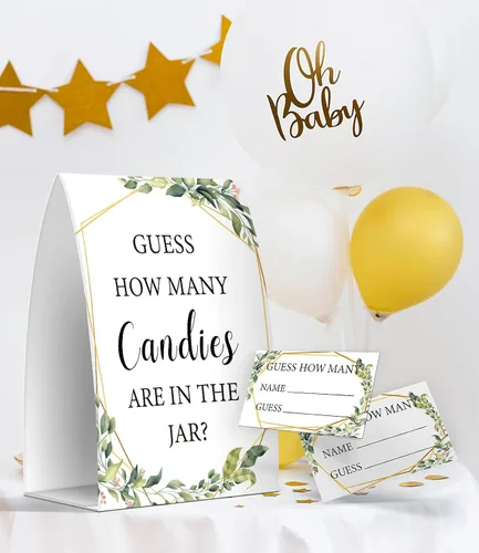 Miniatura 4 de Cuántos caramelos hay en el frasco, juegos de baby shower de vegetación, baby shower con temática de vegetación - un letrero y 50 tarjetas (GES05)