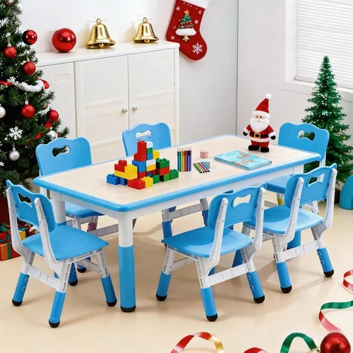 Moderno juego de mesa y 6 sillas para niños, mesa ajustable en altura de 47.20" para niños pequeños y juego de 6 sillas con patas de escritorio