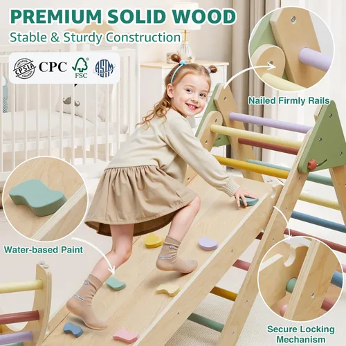 Miniatura 5 de Juego de triángulos Pikler 3 en 1, juego de juguetes de escalada triangulares Pikler para niños pequeños, juguetes de escalada de madera para niños