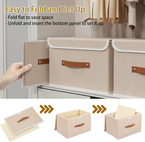 Miniatura 7 de Yawinhe SNK024BEN-1 Cajas de almacenamiento plegables, cestas apilables de tela de lino, contenedor con tapa y asa de cuero, lavable, para el hogar