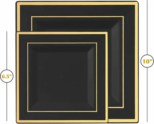 Miniatura 3 de BloominGoods 100 platos cuadrados desechables de plástico negro, paquete de 100 platos cuadrados de plástico de 6.5 y 10 pulgadas con borde dorado