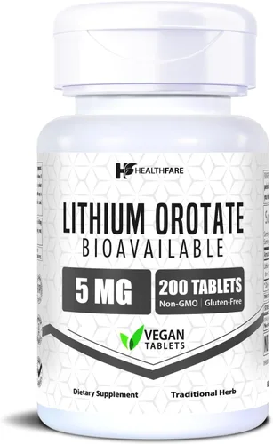 HealthFare Orotato de litio de 5 mg | 200 tabletas | Suplemento mineral traza | Vegetariano, sin OMG, sin gluten | Fabricado en los Estados Unidos