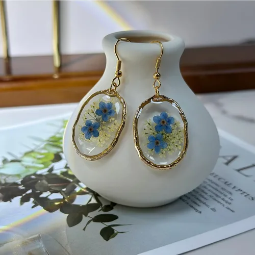 Miniatura 3 de Pendientes de flores prensadas, hechos a mano, con flores de olvidémino y encaje de la reina Ana, flores silvestres únicas de resina seca, perfectos