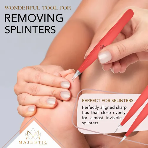Miniatura 7 de Majestic Bombay Pinzas de punta fina + inclinadas para mujeres y hombres, garrapatas astilladas, depilación facial, cejas y encarnadas, afiladas
