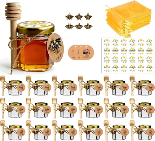 Miniatura 11 de Mini tarros de miel, 1.5 onzas de cristal hexagonal con goteros, abalorios de abeja, bolsas de regalo de organza y calcomanías, perfecto