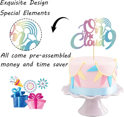 Miniatura 3 de On Cloud 9 - Decoración para tartas de 9 años de niña y niño, letrero con texto en inglés "I I'm Nine Cloud", decoración de pasteles para fiesta