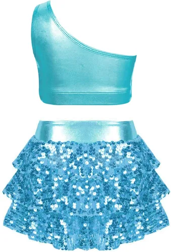 Miniatura 90 de JEATHA Top corto con borlas y lentejuelas brillantes para niñas, con minifalda, jazz latino, salsa, samba, rumba, baile