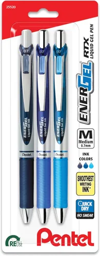 Pentel EnerGel RTX - Bolígrafo de gel líquido retráctil, ¹/₃₂ pulgadas, tonos para tomar notas, azul marino, azul y azul cielo, paquete de 3