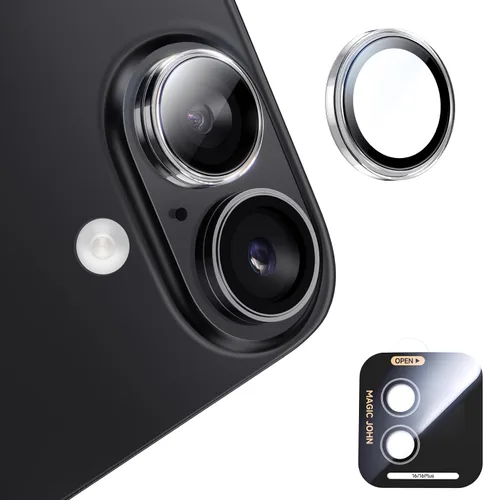 MAGIC JOHN Protector de lente de cámara para iPhone 16Plus/16 [kit de alineación y ajuste perfecto invisible 1:1] Vidrio templado aeroespacial 9H