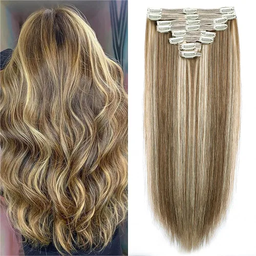 Miniatura 9 de Extensiones de cabello humano real con clip, 8 unidades, cabello humano Remy liso de seda suave natural, 4.23 oz, 20 pulgadas, negro natural #1B, 8